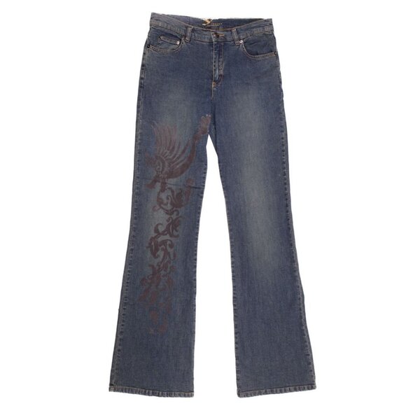 Y London Stretch Flare Jeans Flocked Velvet Design Denim Blue Zip Fly Retro 30 - Picture 2 of 8